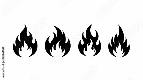 A set of four stylized black flame icons, each with a unique shape and intensity, presented on a white background.