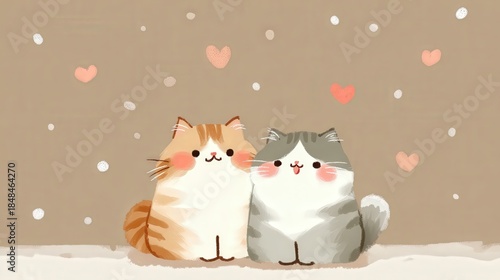 Dos gatos adorables acurrucados en un paisaje nevado.