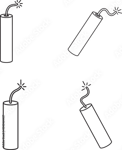 Four different views of a lit dynamite stick with smoke and sparks