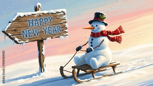 Snowman sledding down a hill with happy new year sign