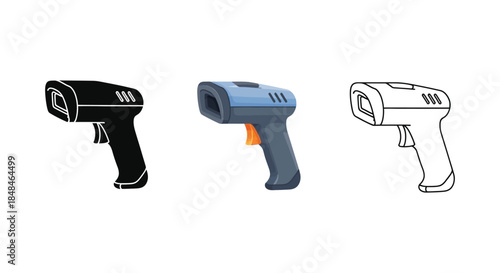 Set of three non-contact infrared thermometer gun icons in solid, color, and outline