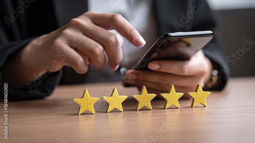 Woman giving 5 star rating on smartphone customer feedback