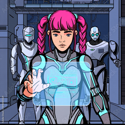 A futuristic scene where a young woman with pink pigtails operates an advanced holographic interface