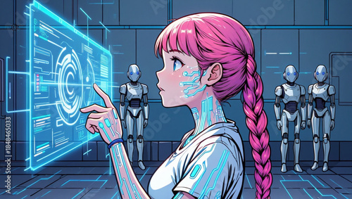 A futuristic anime girl with circuit skin interacts with a holographic interface in a lab
