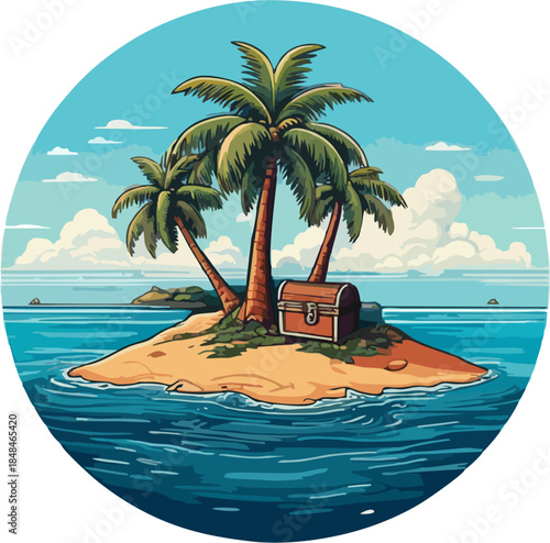 Tropical Treasure Island Landscape – Palm Tree Beach with Pirate Chest in Vintage Cartoon Vector Circle Illustration