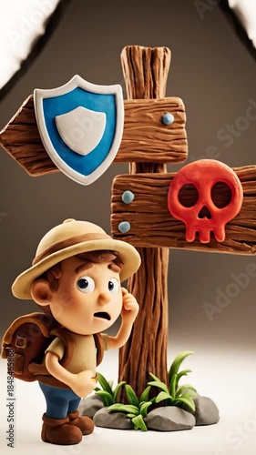 A claymation explorer faces a choice between a safe shield and a dangerous skull