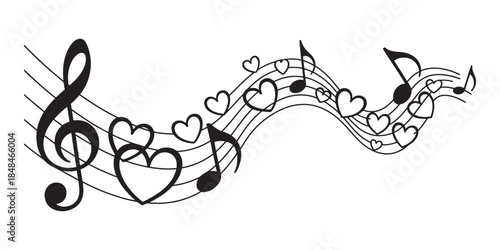 Musical notes and hearts flowing on a staff for love music design, black line art vector icon