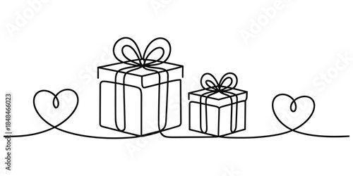Continuous line drawing of gift boxes and hearts Vector, illustration