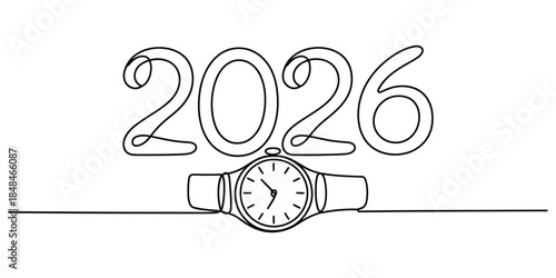 Continuous line drawing of 2026 and wristwatch Vector, illustration