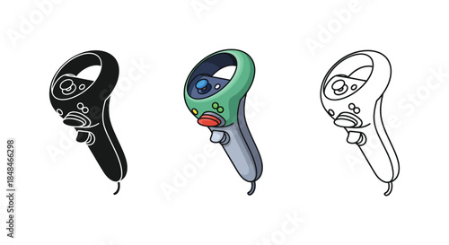 Set of three virtual reality motion controller icons in solid, color, and outline