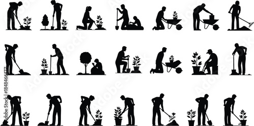 Gardening People Silhouette Set with Farmers Planting and Digging Cad Drawing Flat Vector Illustration for Landscape Design and Agricultural Work Projects