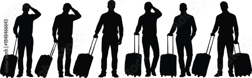 Man with Suitcase Silhouette Set for Travel Tourism Business Trip Cad Drawing Flat Vector Illustration for Airport Terminal and Transport