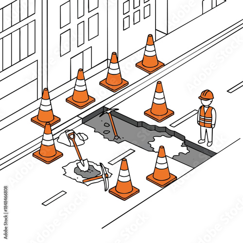 roadwork traffic cones construction site city street repair.