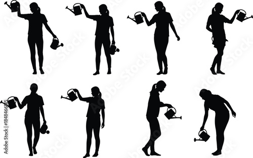 Woman Silhouette Set with Watering Cans for Garden Plants Care Cad Drawing Flat Vector Illustration for Landscape Design and Horticulture