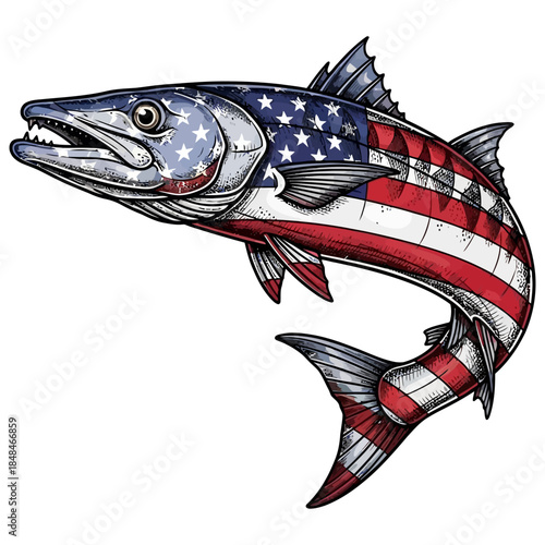American flag barracuda fish illustration isolated on white background for patriotic fishing design