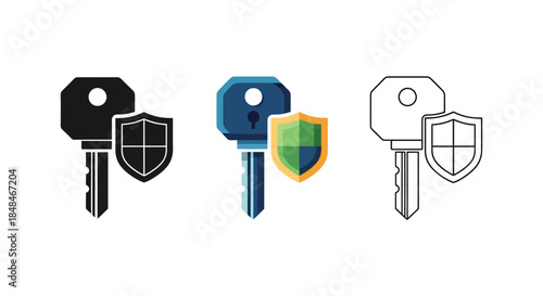 Shield and key security icon set in solid, color, and outline styles