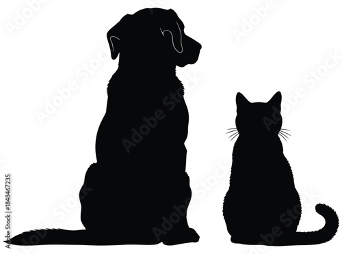 Black silhouette of a dog and cat sitting side by side facing right white
