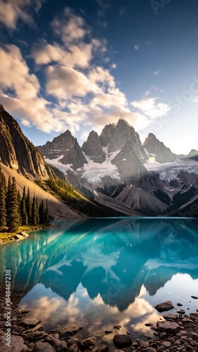 Jagged snowy peaks reflected in a turquoise glacial lake under a golden sunset