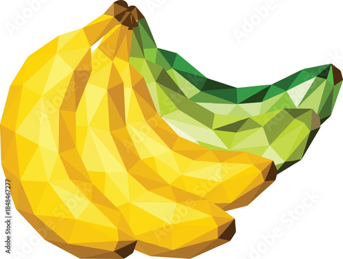 Adobe Illustrator Low poly vector illustration of a banana bunch with geometric polygon shapes and bright yellow tones, ideal for food branding, packaging, and modern graphic design.Artwork