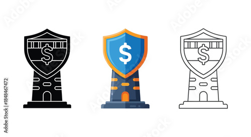 Lighthouse financial security icon set in solid, color, and outline