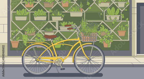 A vibrant yellow vintage bicycle with a plant-filled basket is parked against a modern building featuring an impressive vertical garden.