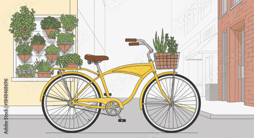 A cheerful yellow bicycle with a plant-filled basket is parked on an urban street, next to a building featuring a vertical garden, promoting green city living.