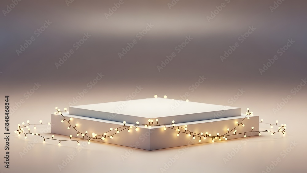 Fototapeta premium A clean podium display illuminated by a warm string of fairy lights