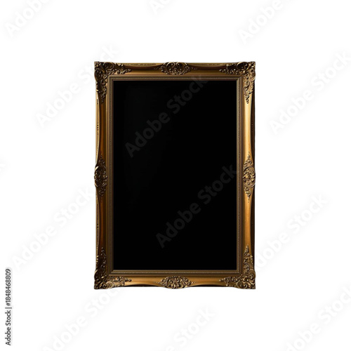 An ornate gold picture frame with intricate carvings and a black background