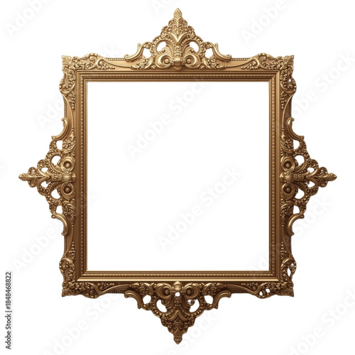 An ornate gold picture frame with intricate designs and carvings is isolated on a white background