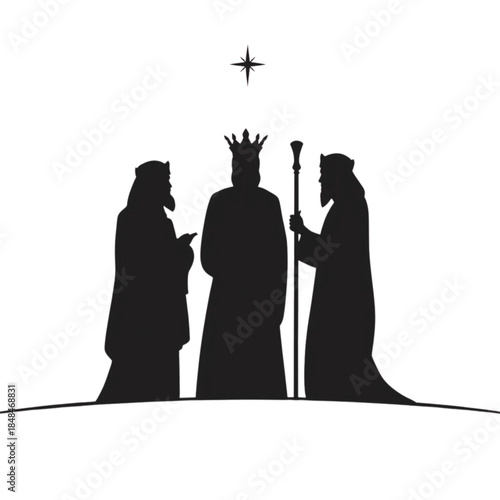Three wise men standing together under a star in silhouette