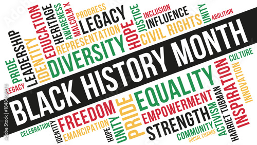 Black History Month Word Cloud for Diversity Equality Leadership and Cultural Heritage Uses