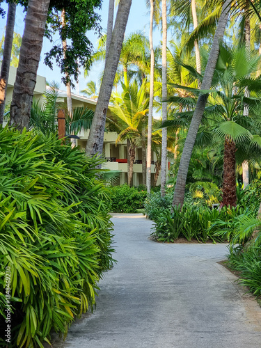 The exterior of the hotel. The well-groomed green territory of the luxury hotel.