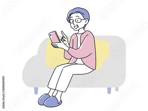 Happy Senior Woman Using Smartphone on Sofa, Digital Life Illustration