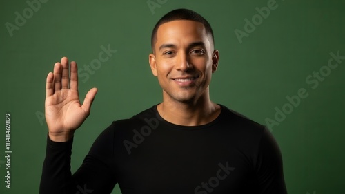 portrait of a smiling young man with short hair raising his hand in a friendly gesture against a