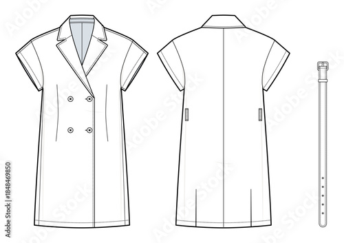 Short-Sleeve Tailored Blazer Dress Technical Fashion Illustration. Double-Breasted Jacket Dress with Notched Lapel Collar and Waist Belt. Structured Fit. Women’s Wear. CAD Mockup.