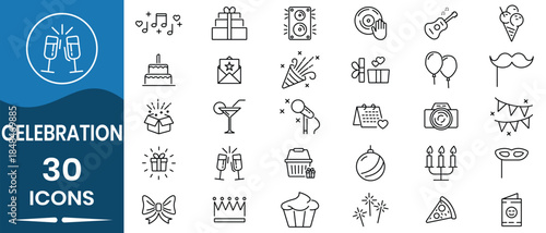 Celebration and event icon vector set. Events, party, for cake, balloons, gifts, music, fireworks, party hat,  and festive decorations. Night celebration symbol. Vector illustration.