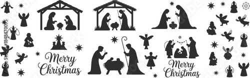 Nativity icon set, angel, star, holy family, Merry Christmas text, religious silhouette, black vector, festive, winter, celebration, Christian, peace