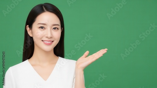 portrait of a smiling young woman with long dark hair presenting with a welcoming gesture against