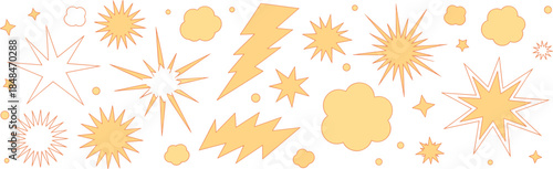 Comic explosion icon set, starburst, lightning, puff cloud, impact symbol, pop art style, orange yellow vector, dramatic, graphic, design, outline