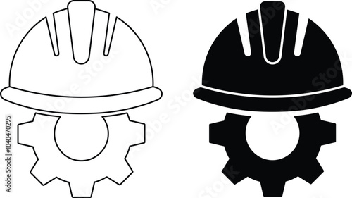 Black and white of hard hat and gear symbol industry construction