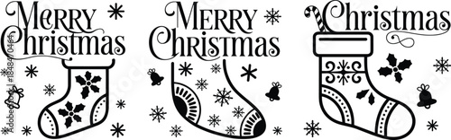 Christmas stocking icon set, holly, candy cane, snowflake, bell, Merry Christmas text, festive silhouette, black vector, winter, holiday, celebration