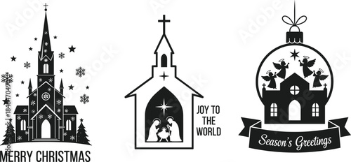 Christmas church icon set, nativity scene, angels, ornament, snowflake, tree, ribbon, celebration, black vector, religious, festive, holiday, greeting