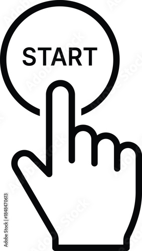 Black hand cursor finger pressing start button on white background
