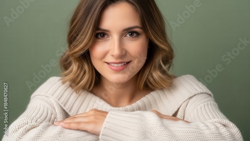 portrait of a smiling young woman with wavy hair wearing a cozy beige sweater against a soft green