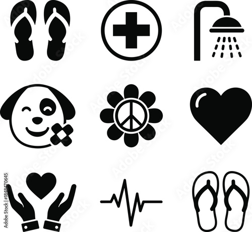 Wellness icon set, heart, peace, dog care, medical cross, shower, flip-flops, love, support, black vector, health, charity, relaxation
