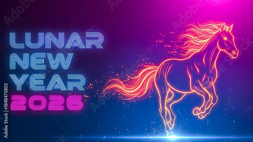 Lunar New Year 2026 Neon Horse Outline with Blue Pink Text on Deep Blue Particle Background