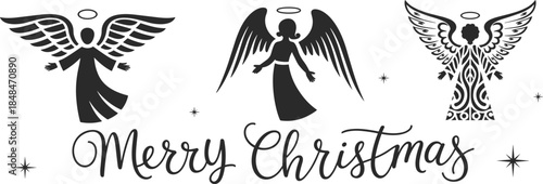 Christmas angel icon set, halo, wings, robe, star, Merry Christmas text, festive silhouette, black vector, winter, holiday, celebration, peace