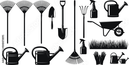 Gardening tools silhouette vector, rake, shovel, watering can, wheelbarrow, gloves, spray bottle, pitchfork, trowel, grass patch, black icons set
