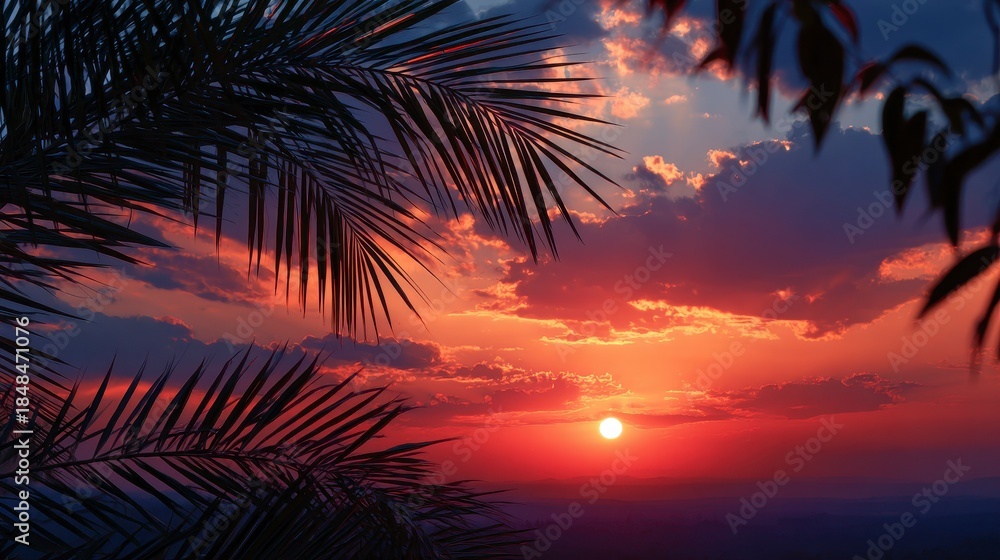 Obraz premium Stunning sunset scene with palm fronds in silhouette framing a vibrant, colorful sky filled with dramatic clouds