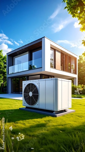 Modern home with heat pump on lawn under blue sky. Sunlight bathes the exterior with trees and green grass